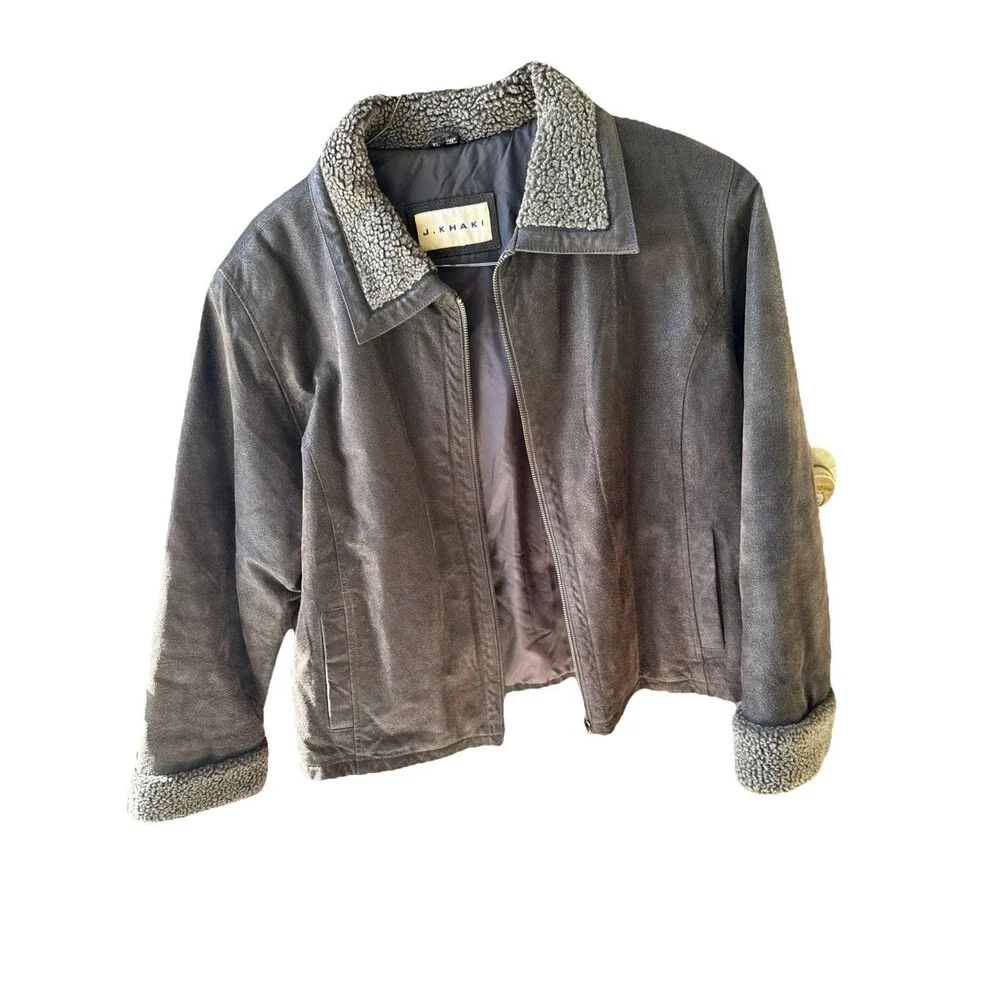 J. Khaki Men’s Brown Leather Bomber Jacket Sherpa Collar Size XL Aviator Style
